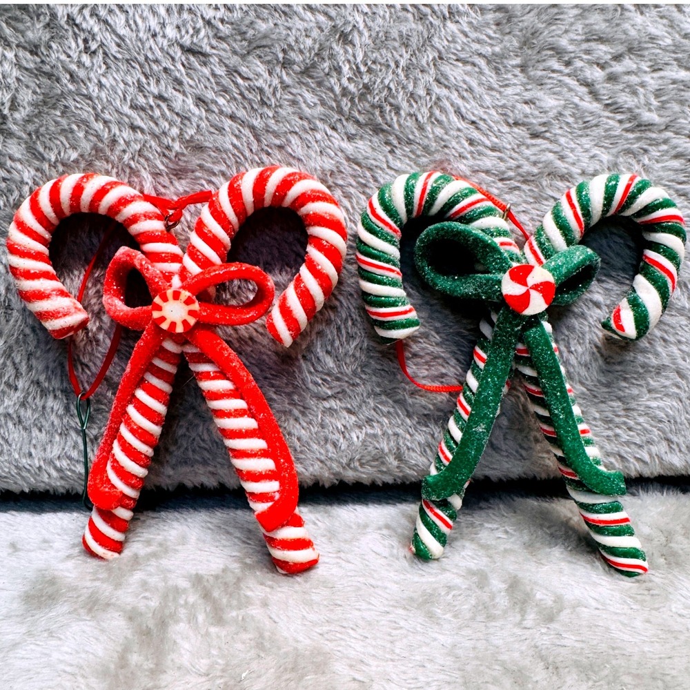 Vintage Candy Cane Bow Ornaments Red Green Peppermint Christmas Holiday Set of 2